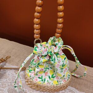 C&C California Lemon Print Straw Drawstring Bag NWOT Cottagecore Crossbody